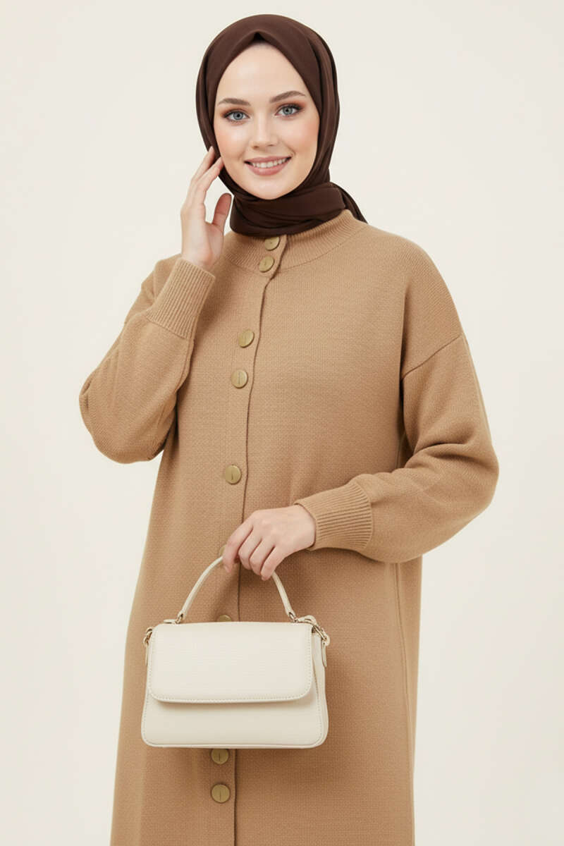 Long Knit Cardigan with Metal Gold Buttons - Latte