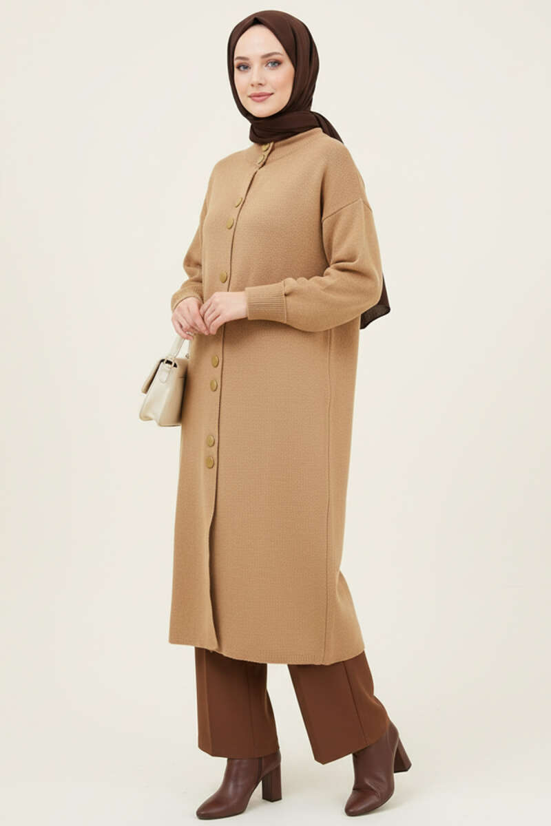 Long Knit Cardigan with Metal Gold Buttons - Latte