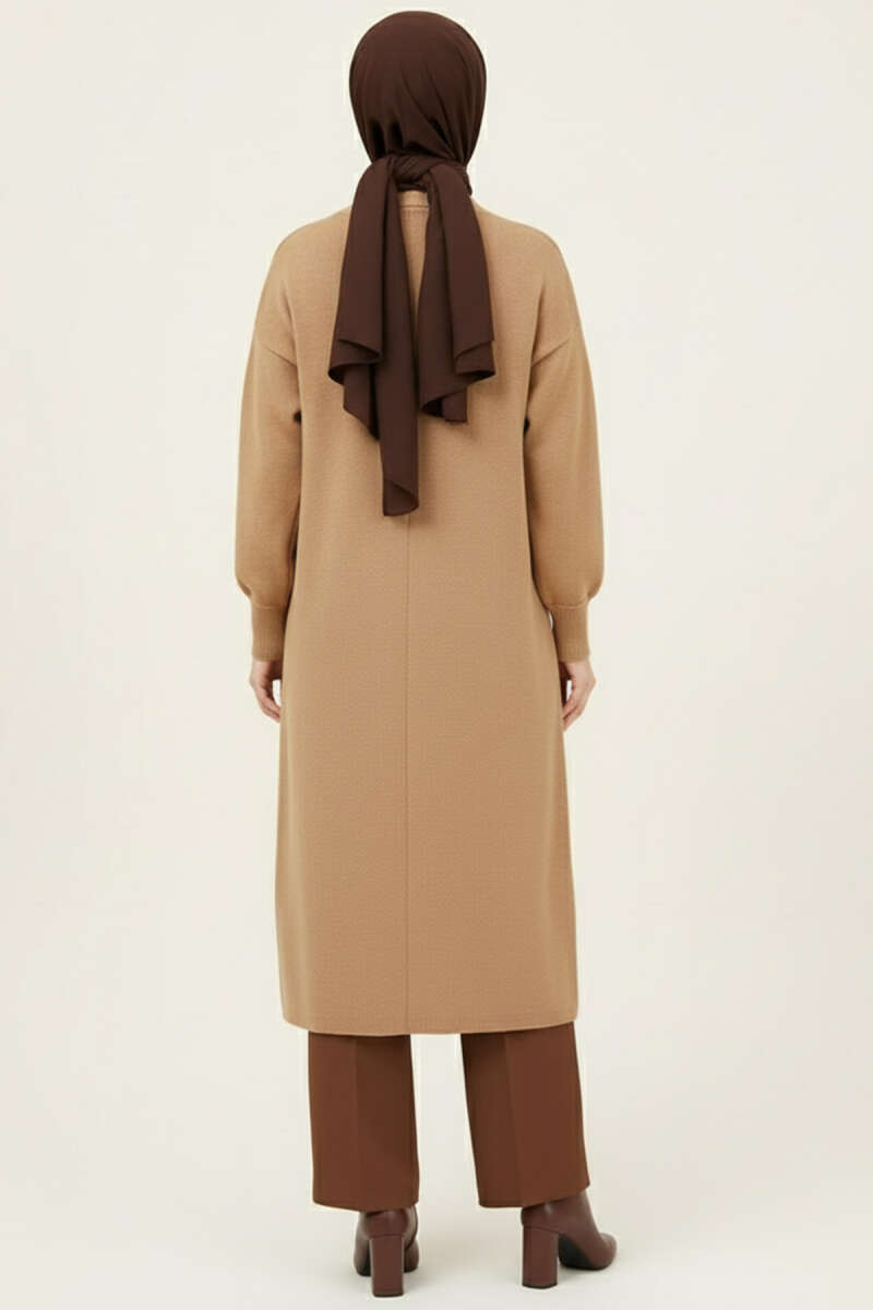 Long Knit Cardigan with Metal Gold Buttons - Latte