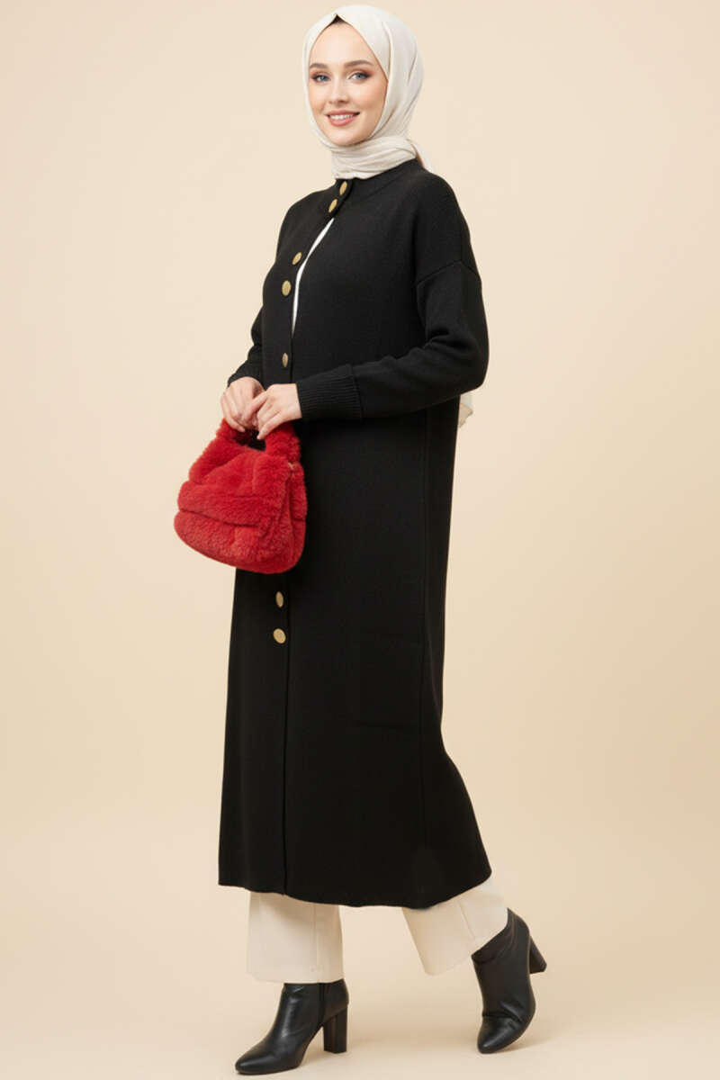 Long Knit Cardigan with Metal Gold Buttons - Black