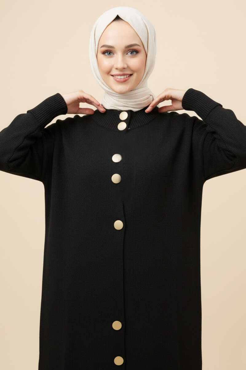 Long Knit Cardigan with Metal Gold Buttons - Black
