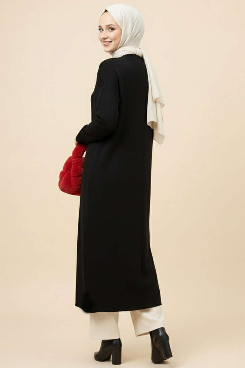 Long Knit Cardigan with Metal Gold Buttons - Black