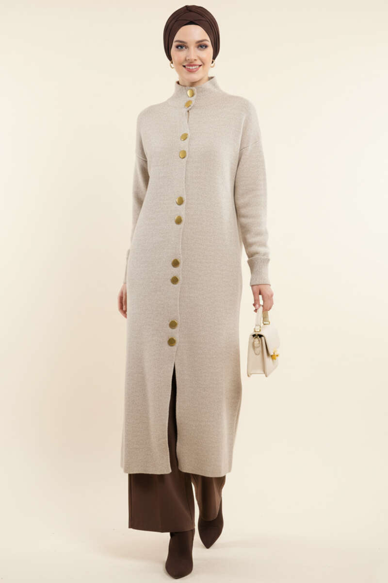Long Knit Cardigan with Metal Gold Buttons - Stone