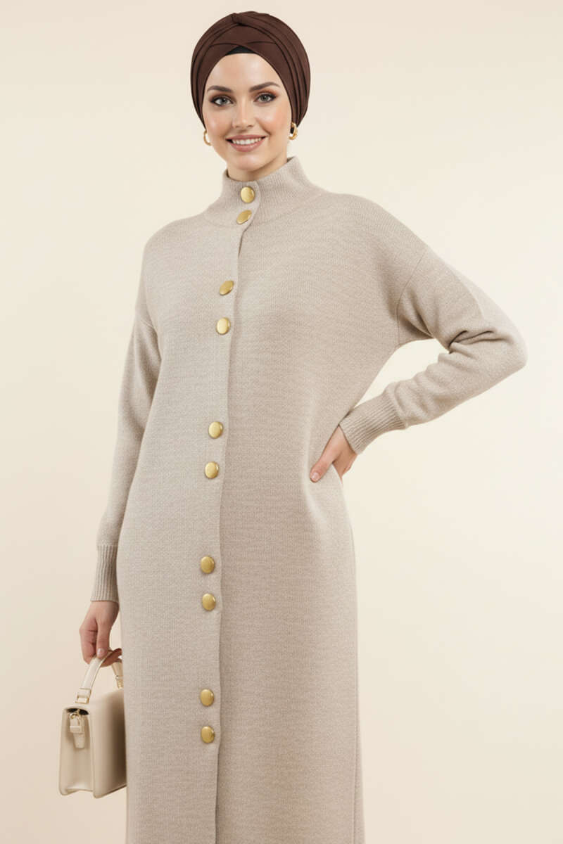 Long Knit Cardigan with Metal Gold Buttons - Stone