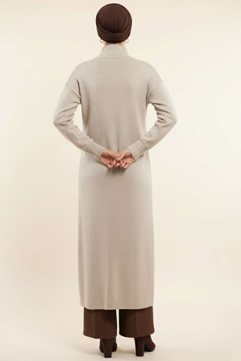 Long Knit Cardigan with Metal Gold Buttons - Stone