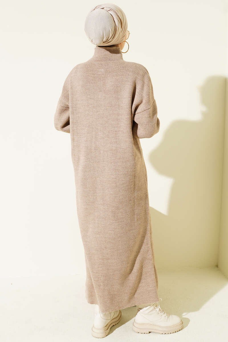 Long Knit Cardigan with Metal Gold Buttons - Mink