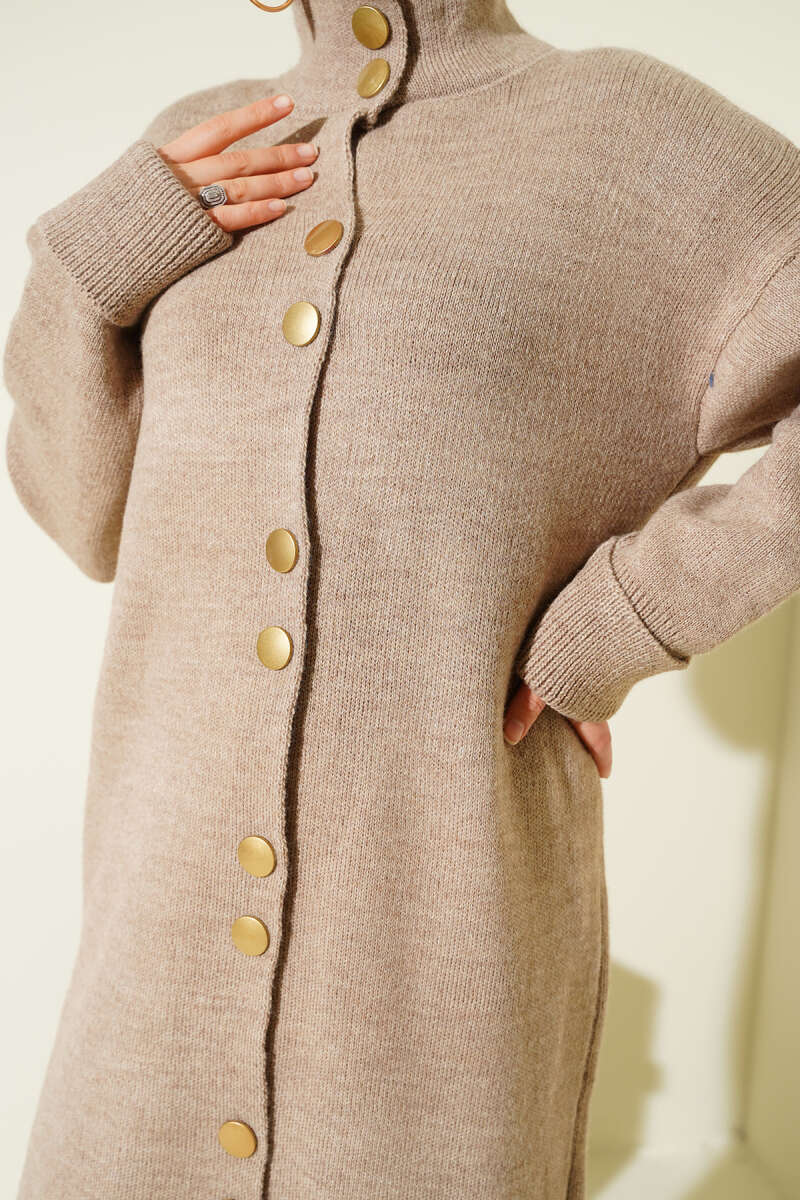 Long Knit Cardigan with Metal Gold Buttons - Mink