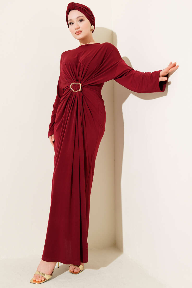 Ruched Sandy Dress with Metal Buckle - Burgundy