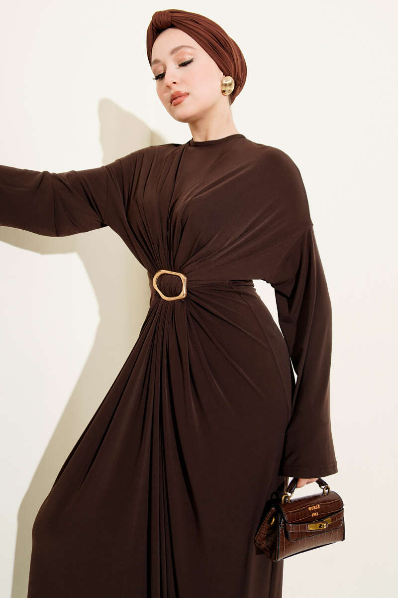 Ruched Sandy Dress with Metal Buckle - Brown