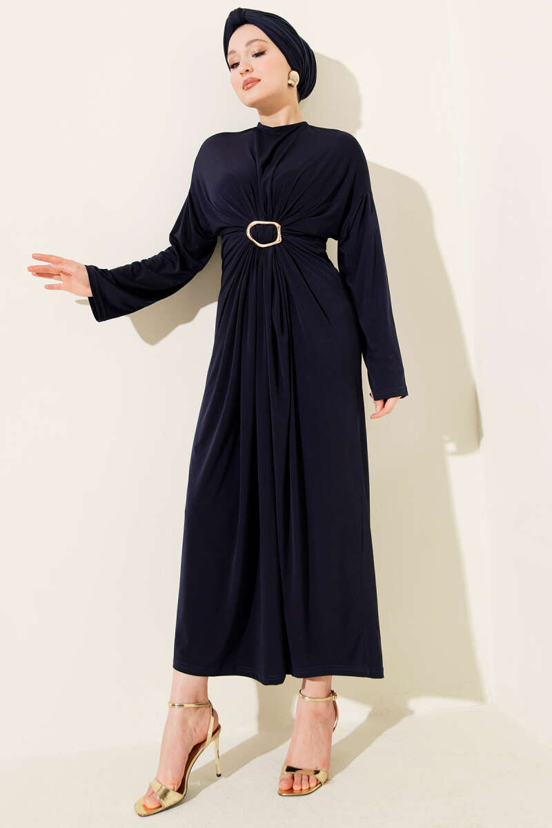 Ruched Sandy Dress with Metal Buckle - Navy