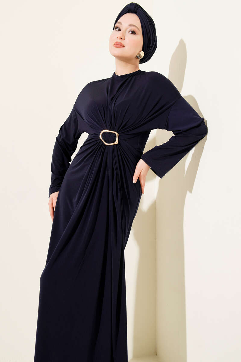 Ruched Sandy Dress with Metal Buckle - Navy