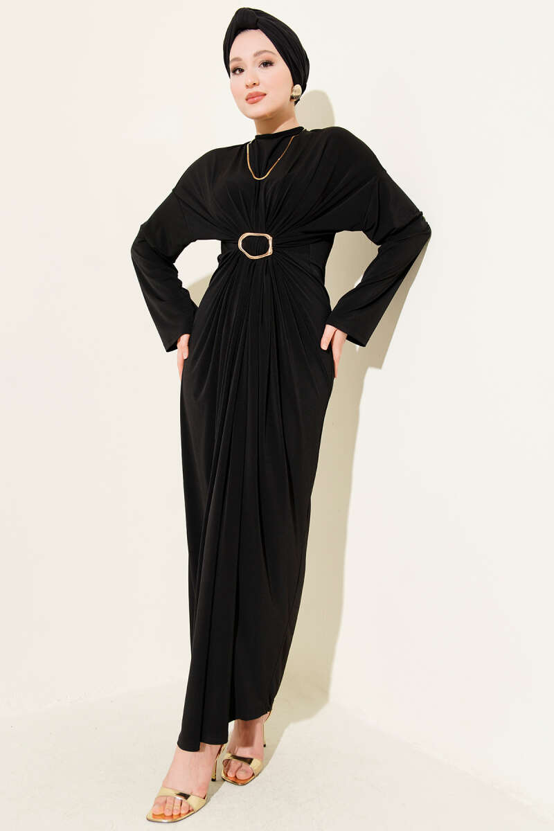 Ruched Sandy Dress with Metal Buckle - Black