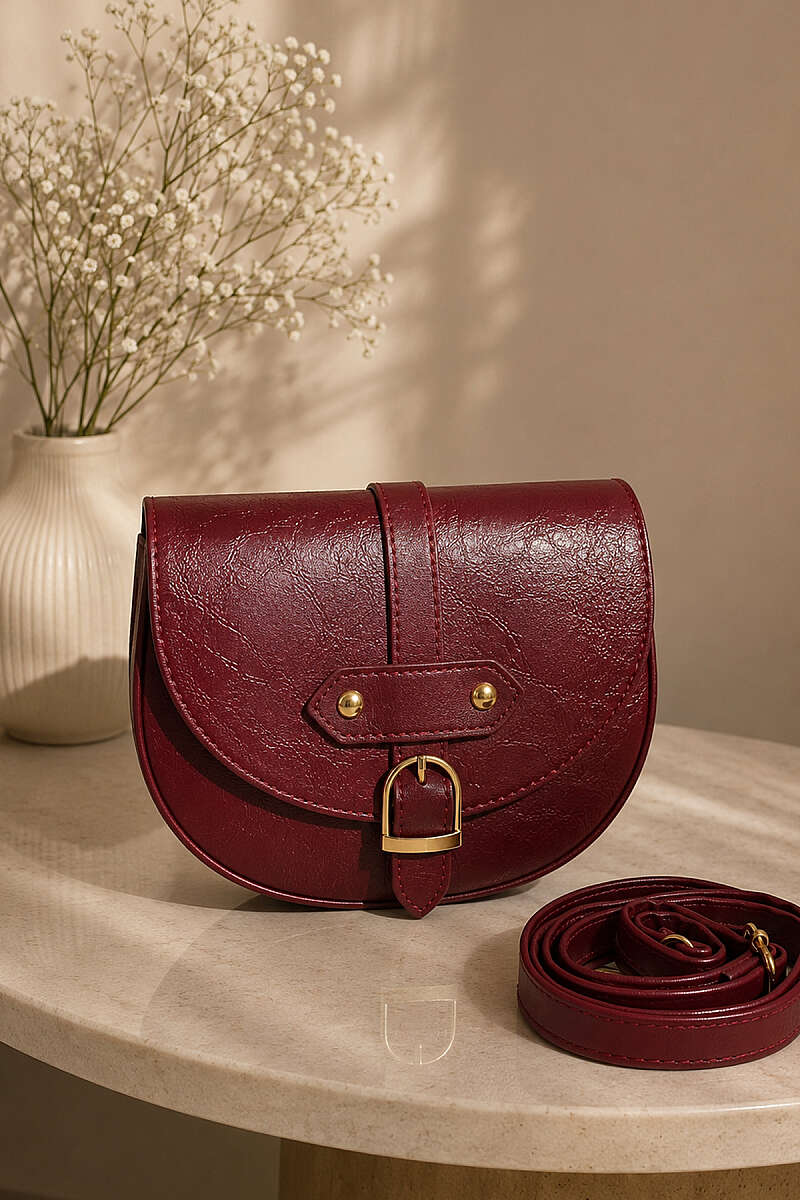 Magnetic Handbag with Metal Buckle - Burgundy