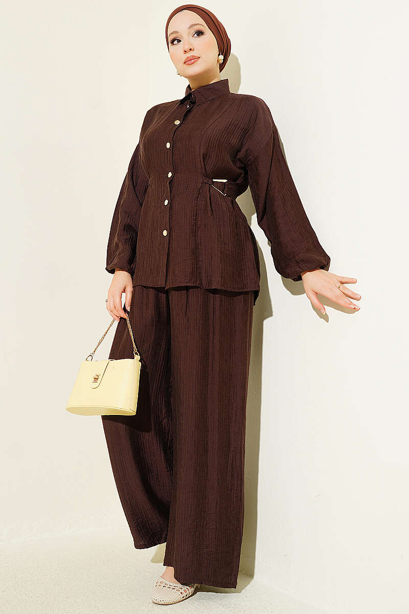 Two-Piece Set with Metal Buckle and Side Sashes - Brown