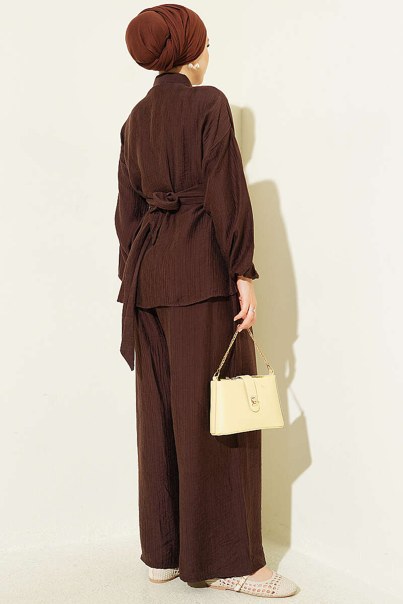 Two-Piece Set with Metal Buckle and Side Sashes - Brown