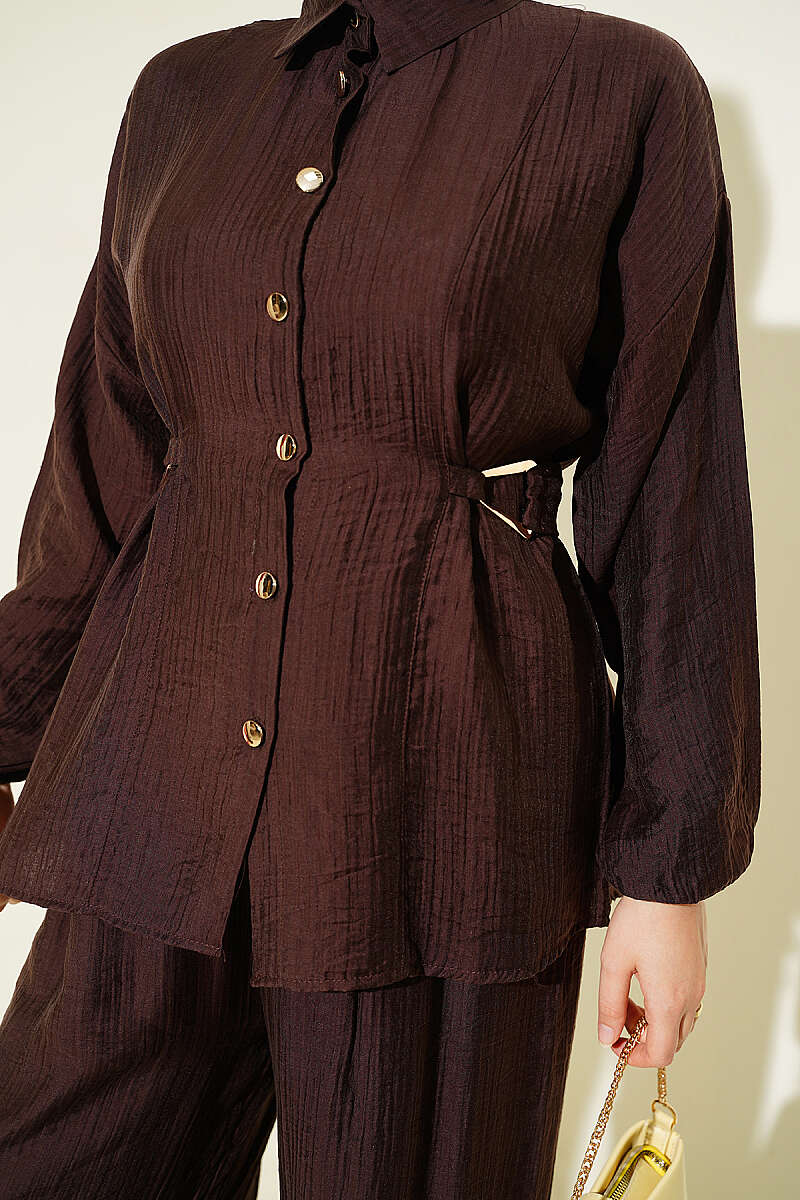 Two-Piece Set with Metal Buckle and Side Sashes - Brown