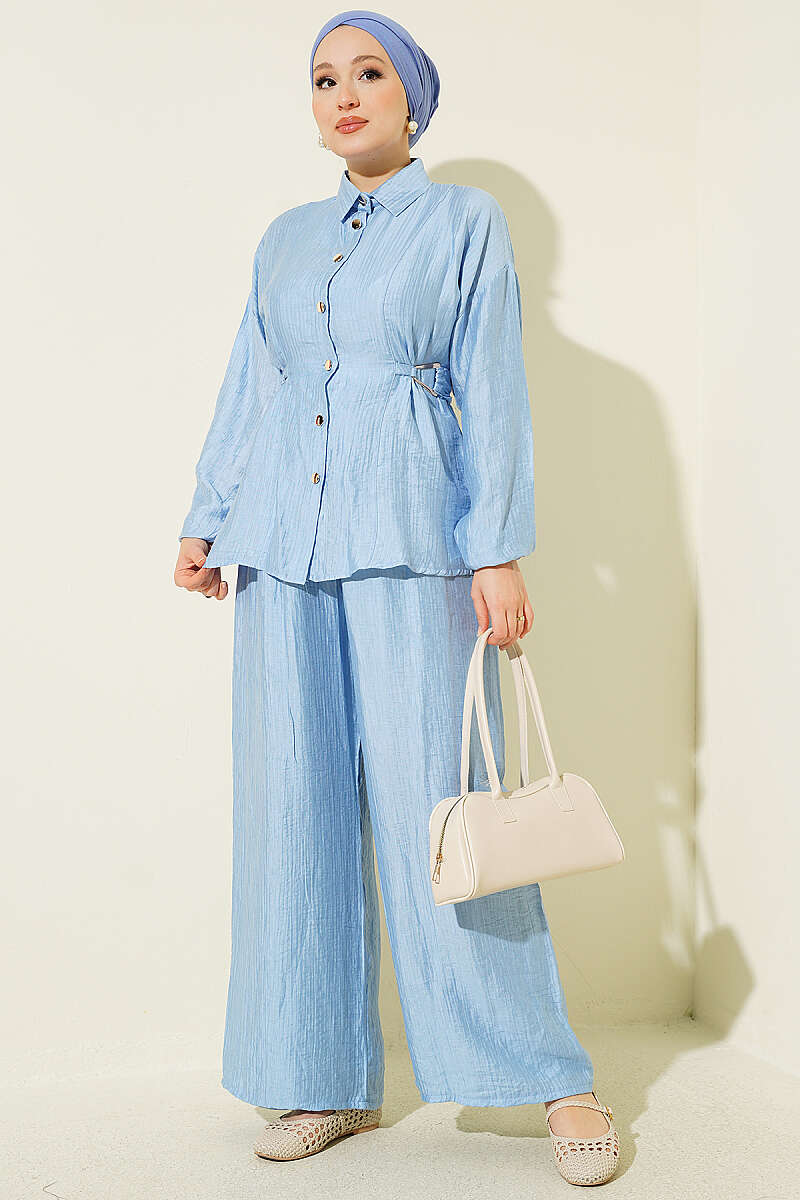Two-Piece Set with Metal Buckle and Side Sashes - Blue