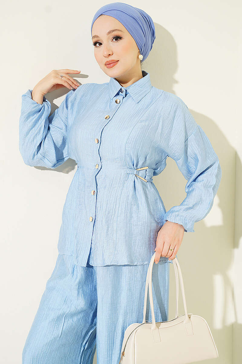 Two-Piece Set with Metal Buckle and Side Sashes - Blue