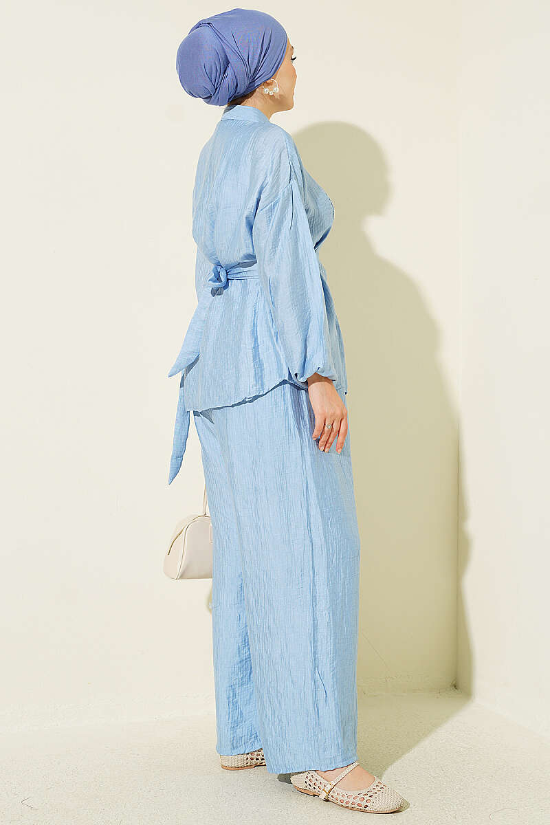 Two-Piece Set with Metal Buckle and Side Sashes - Blue