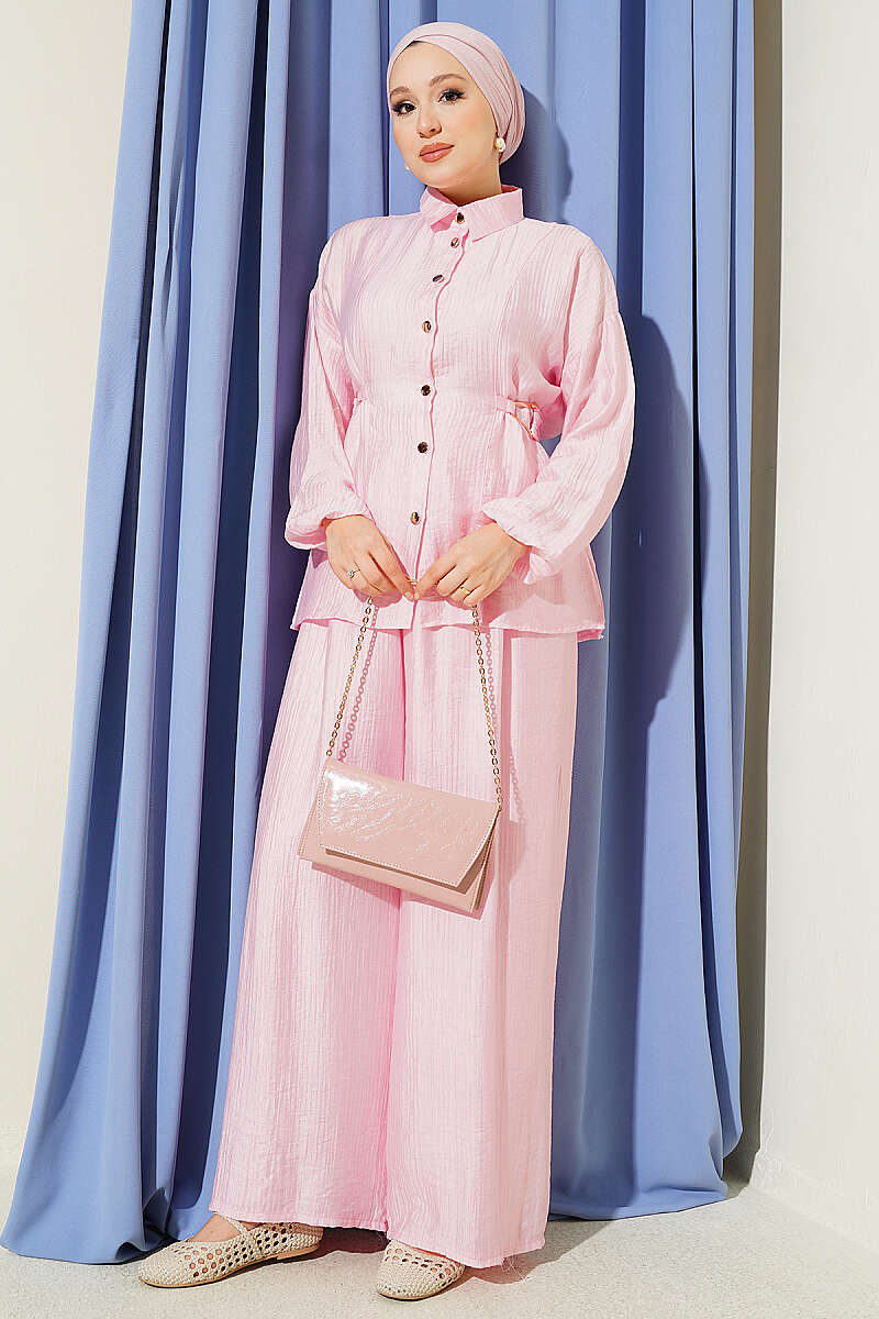 Two-Piece Set with Metal Buckle and Side Sashes - Pink