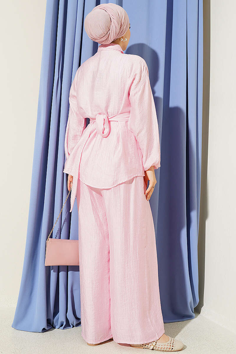 Two-Piece Set with Metal Buckle and Side Sashes - Pink