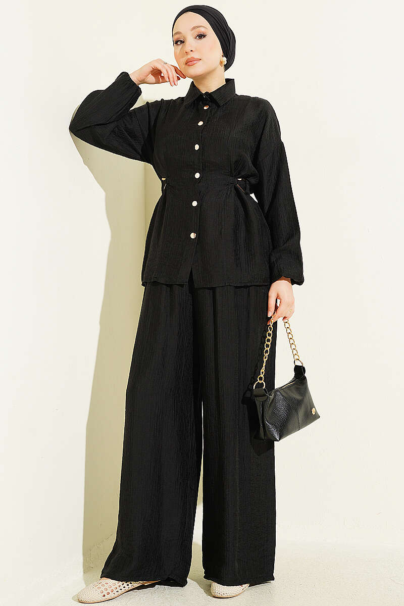 Two-Piece Set with Metal Buckle and Side Sashes - Black