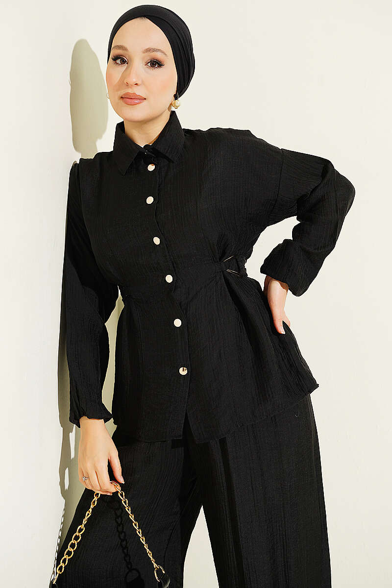 Two-Piece Set with Metal Buckle and Side Sashes - Black