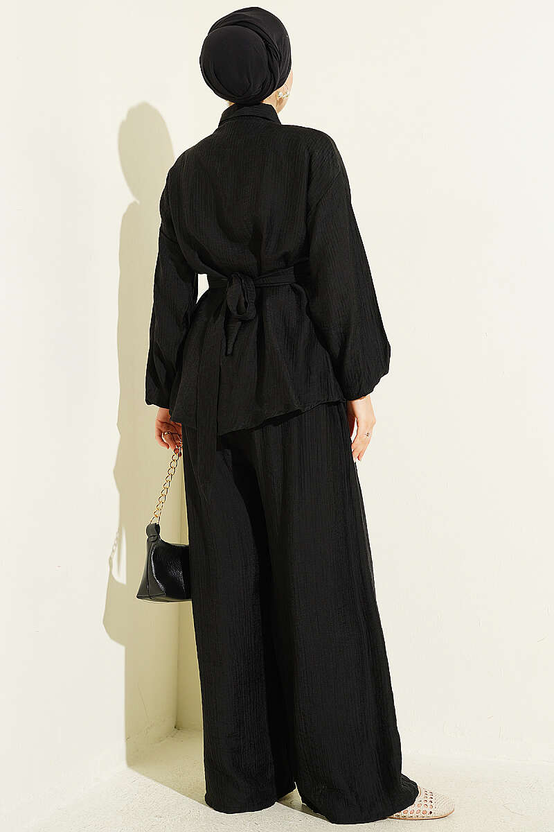 Two-Piece Set with Metal Buckle and Side Sashes - Black