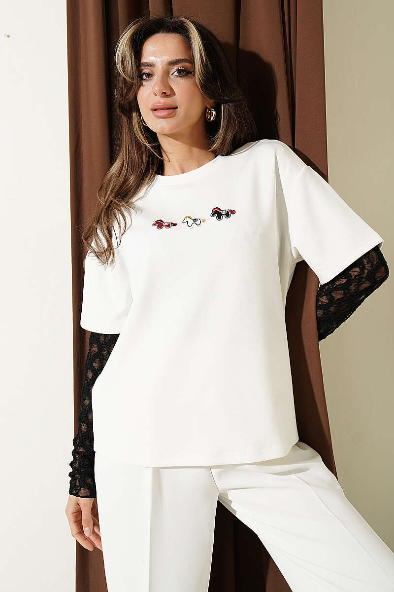 Pony Embroidered Modal T-Shirt - Ecru