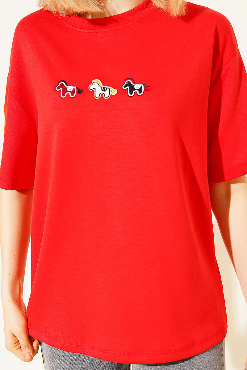 Pony Embroidered Modal T-Shirt - Red