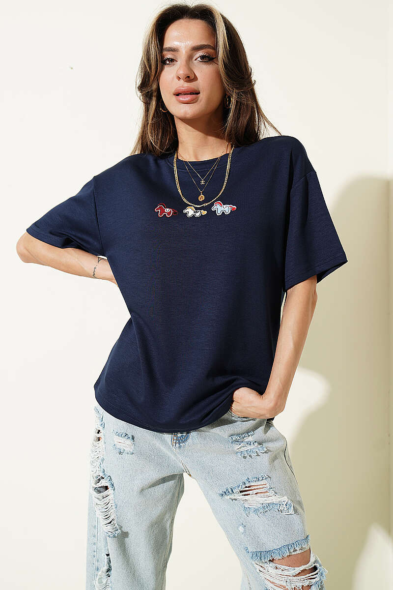 Pony Embroidered Modal T-Shirt - Navy