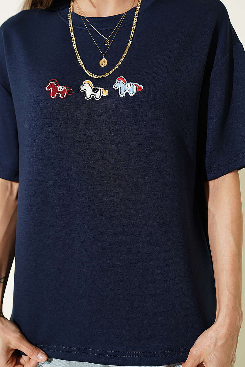 Pony Embroidered Modal T-Shirt - Navy