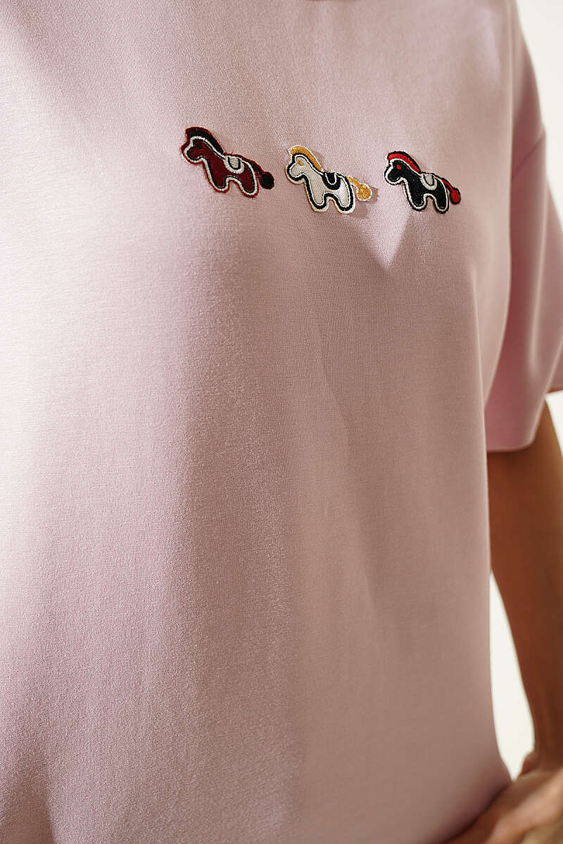 Pony Embroidered Modal T-Shirt - Pink