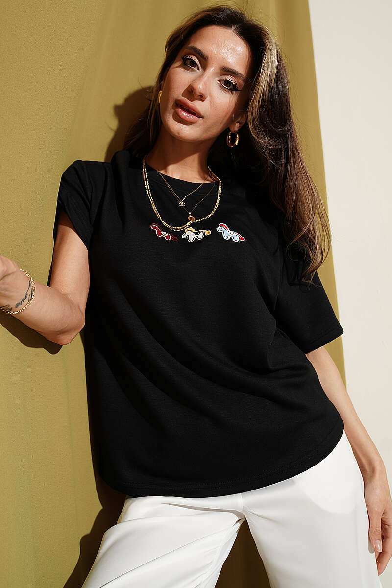 Pony Embroidered Modal T-Shirt - Black