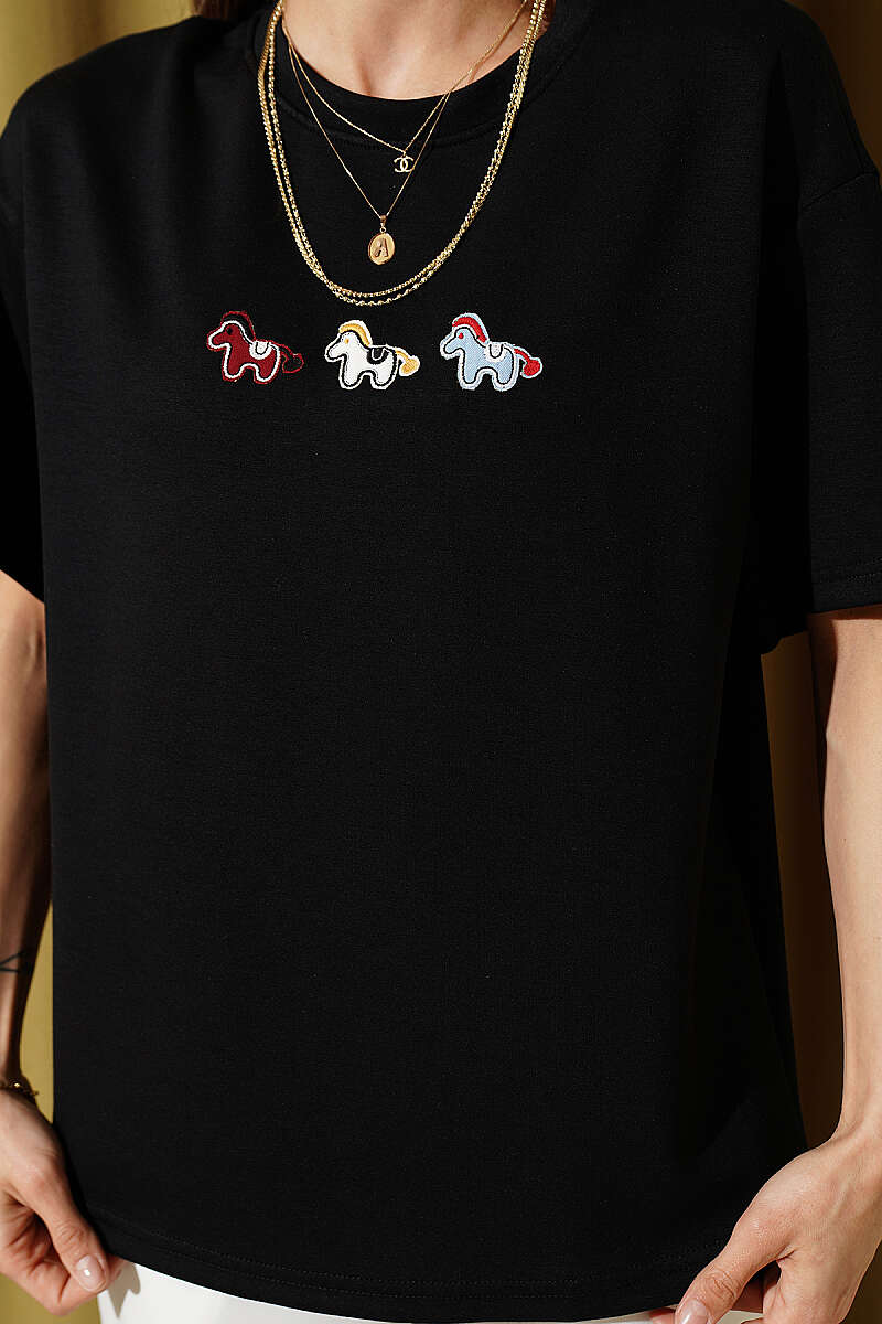 Pony Embroidered Modal T-Shirt - Black