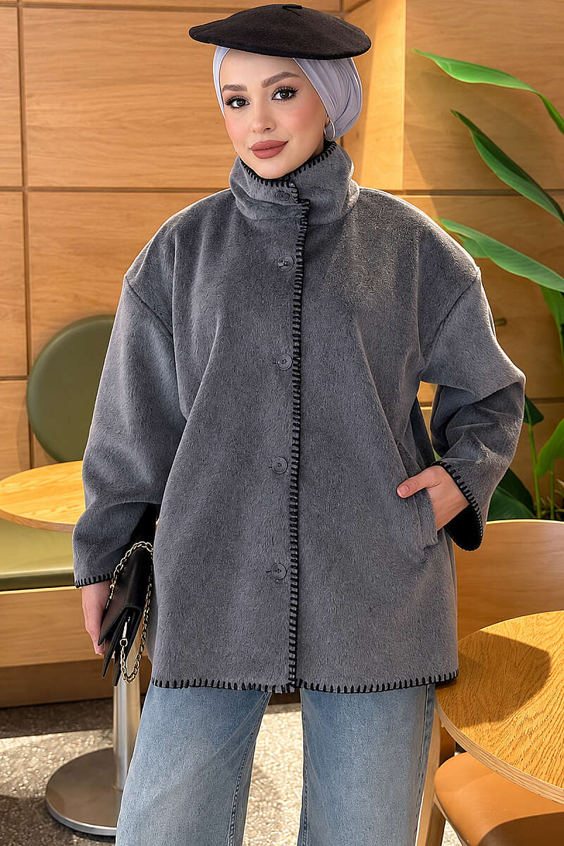 Faux Fur Jacket with Scallop Stitching - Smoke Grey