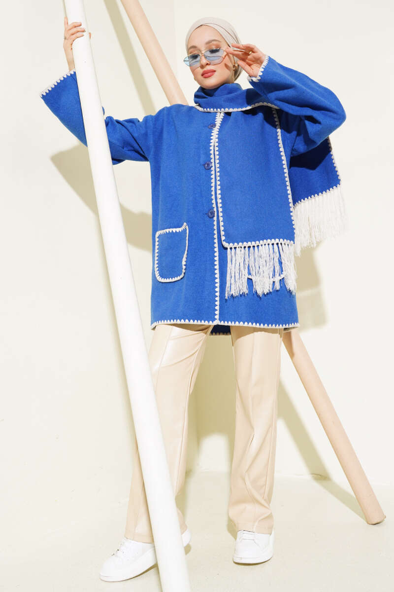 Shell-Stitch Jacket with Scarf - Saxe Blue
