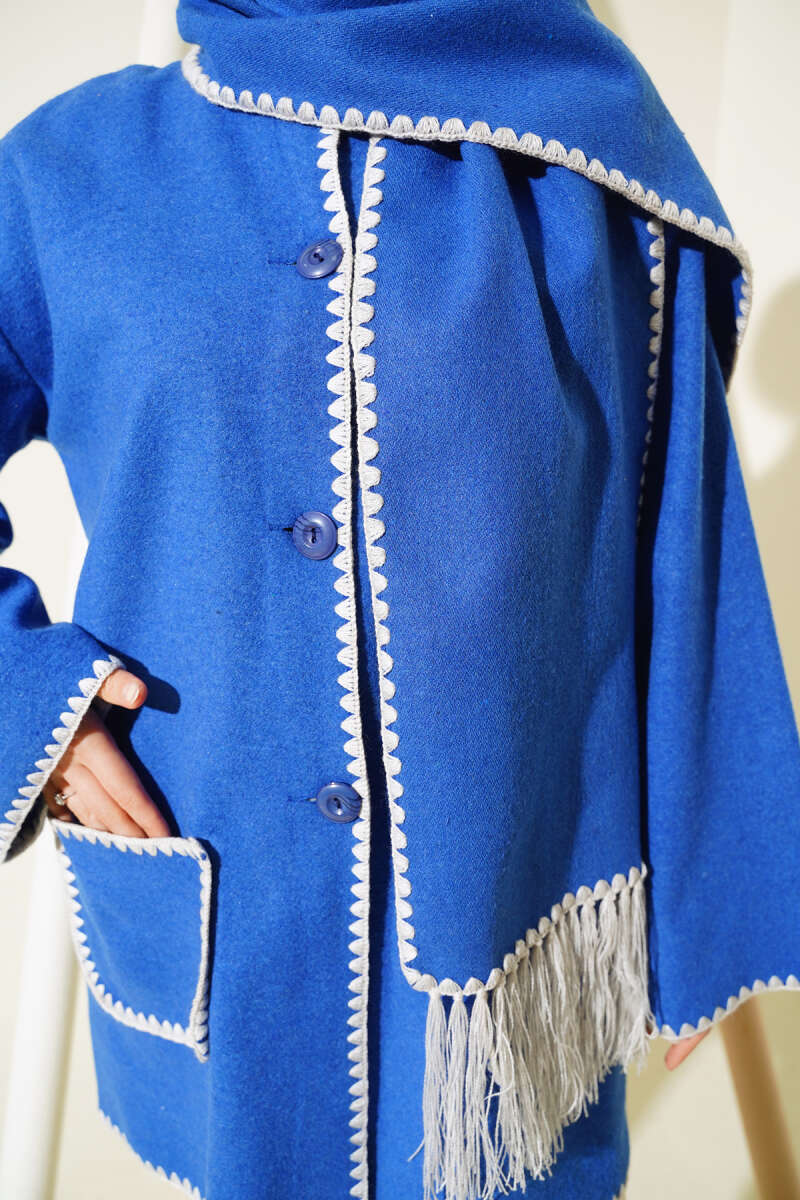 Shell-Stitch Jacket with Scarf - Saxe Blue
