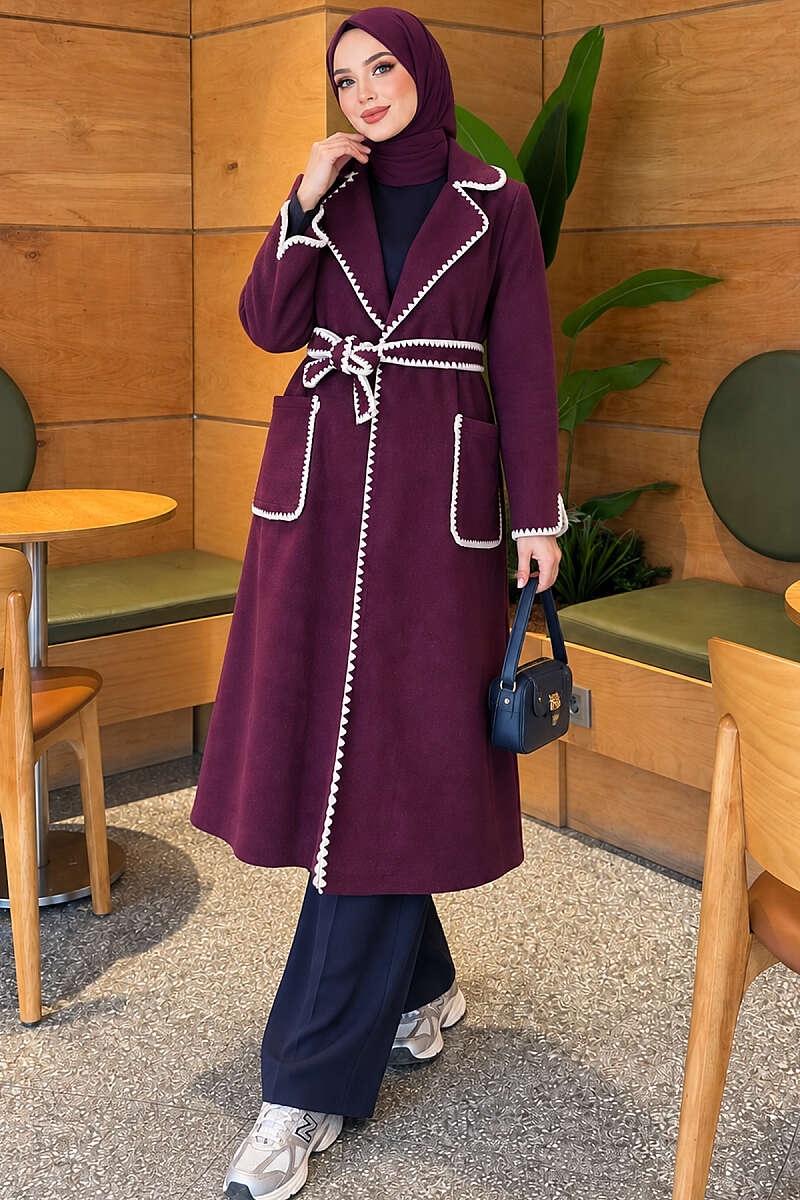 Belted Felt Coat with Scallop Stitching - Plum