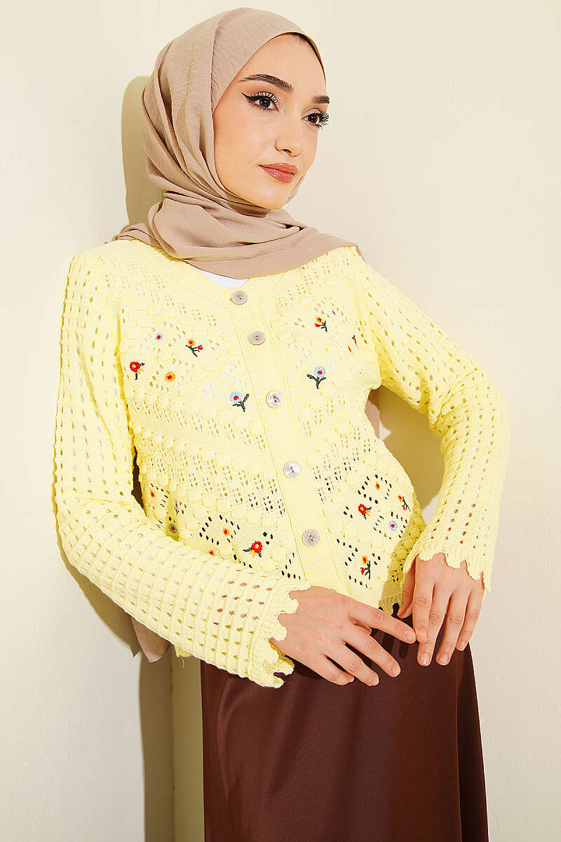 Short Mini-Floral Embroidered Knit Cardigan - Yellow