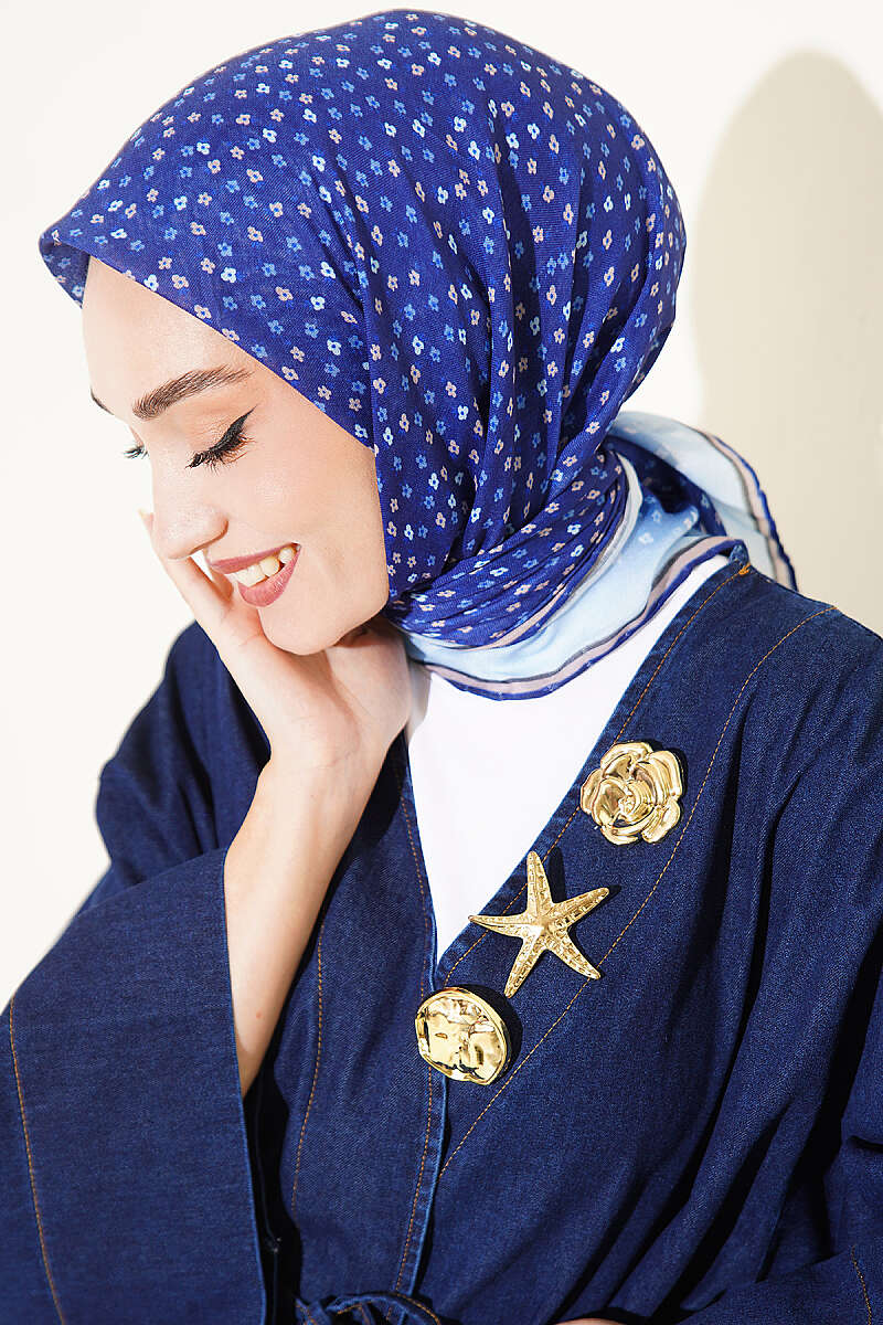 Mini Floral Striped Scarf - Navy