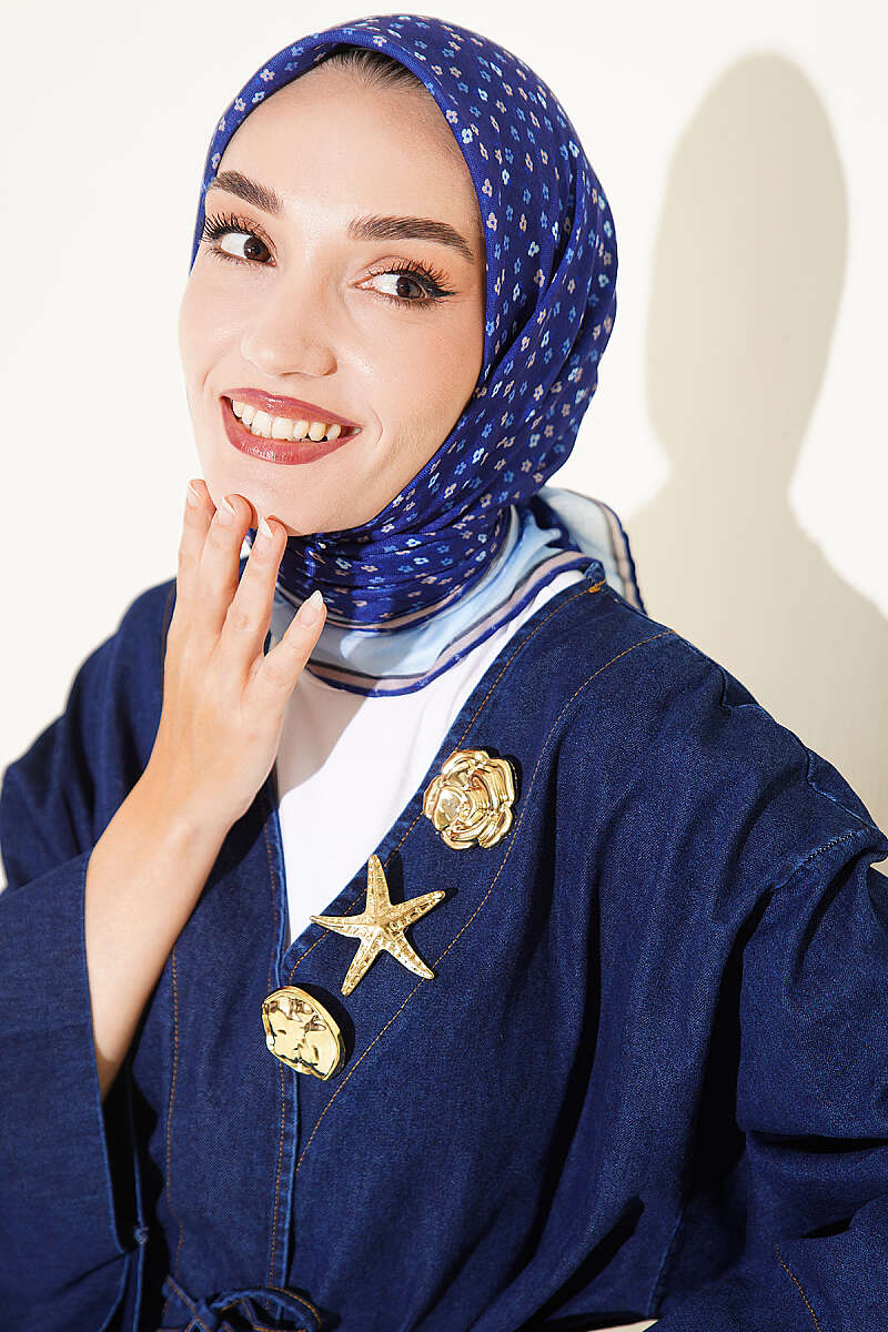 Mini Floral Striped Scarf - Navy