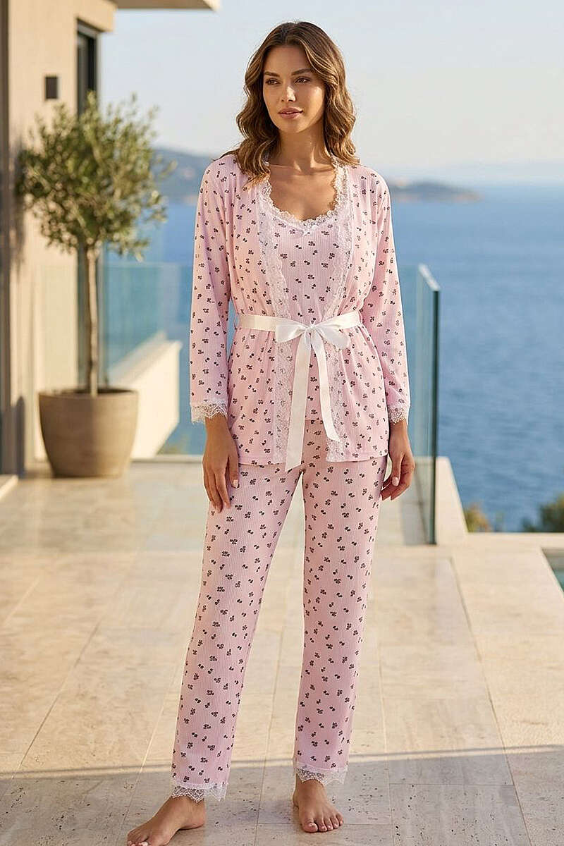 Ditsy Floral Lace 3-Piece Pyjama Set with Robe - Pink
