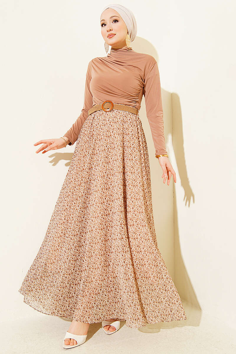 Mini Floral Chiffon Skirt with Straw Belt - Beige