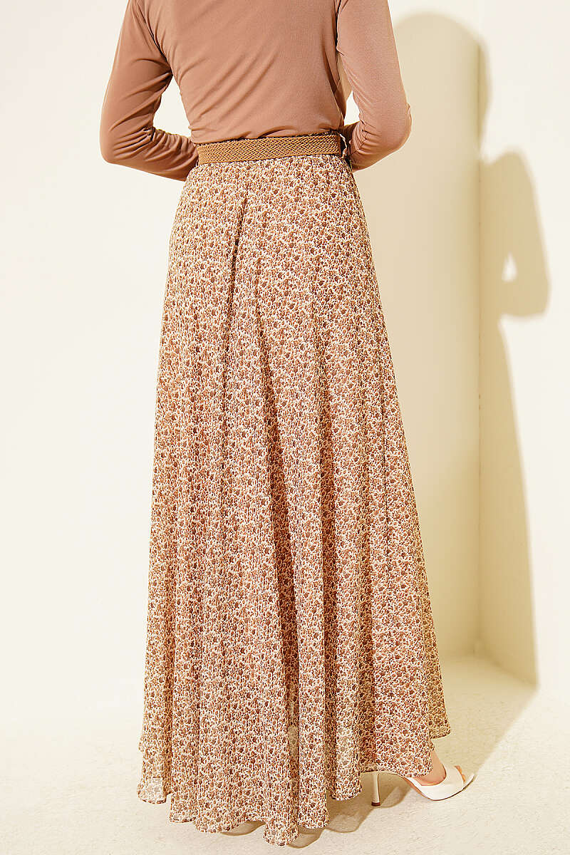 Mini Floral Chiffon Skirt with Straw Belt - Beige
