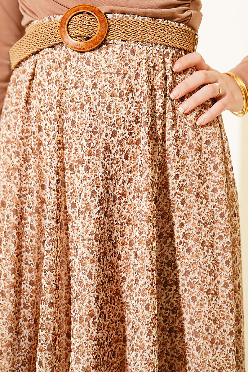 Mini Floral Chiffon Skirt with Straw Belt - Beige