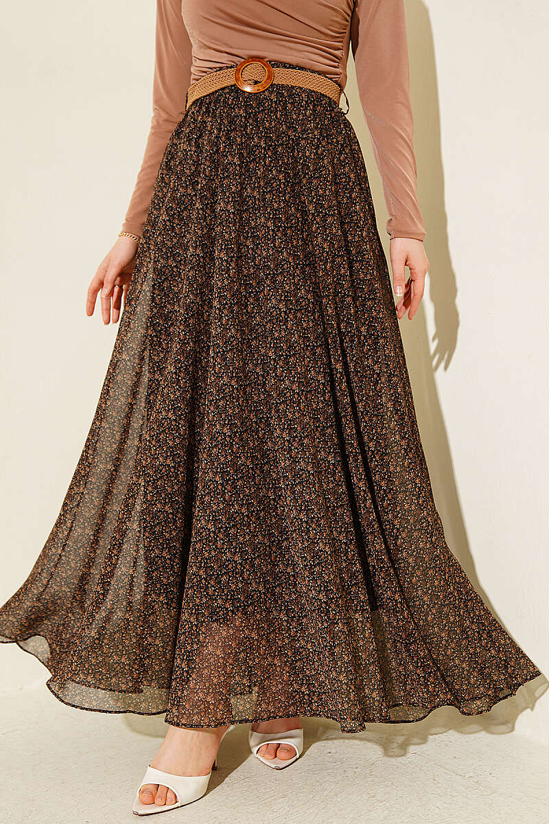 Mini Floral Chiffon Skirt with Straw Belt - Brown