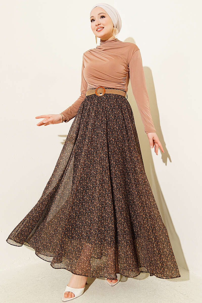 Mini Floral Chiffon Skirt with Straw Belt - Brown
