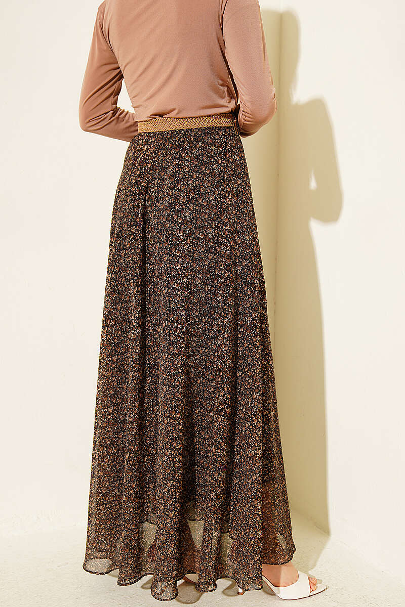 Mini Floral Chiffon Skirt with Straw Belt - Brown