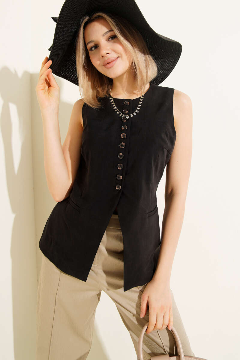 Tencel Vest with Mini Buttons - Black